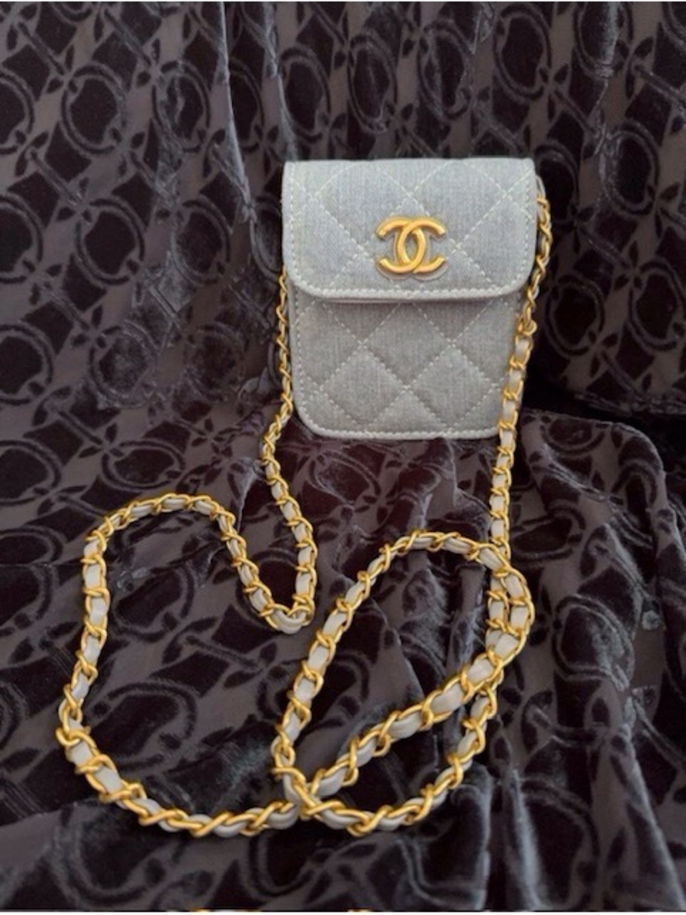 VIP Quilted Light Gray Crossbody with Gold Chain